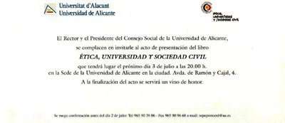Ejemplo: Invitación acto no solemne. Presentación de libro. Universidad de Alicante.