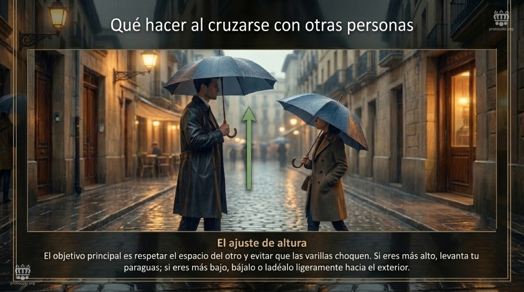 No es cuestión de sexos, sino de cortesía. A la persona más alta le cuesta menso elevar un poco su paraguas