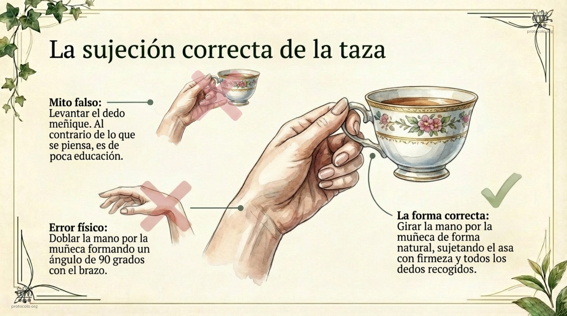 Cómo sujetar la taza de té La taza de té se sujeta con unos o dos dedos, pero sin estirar el dedo meñique