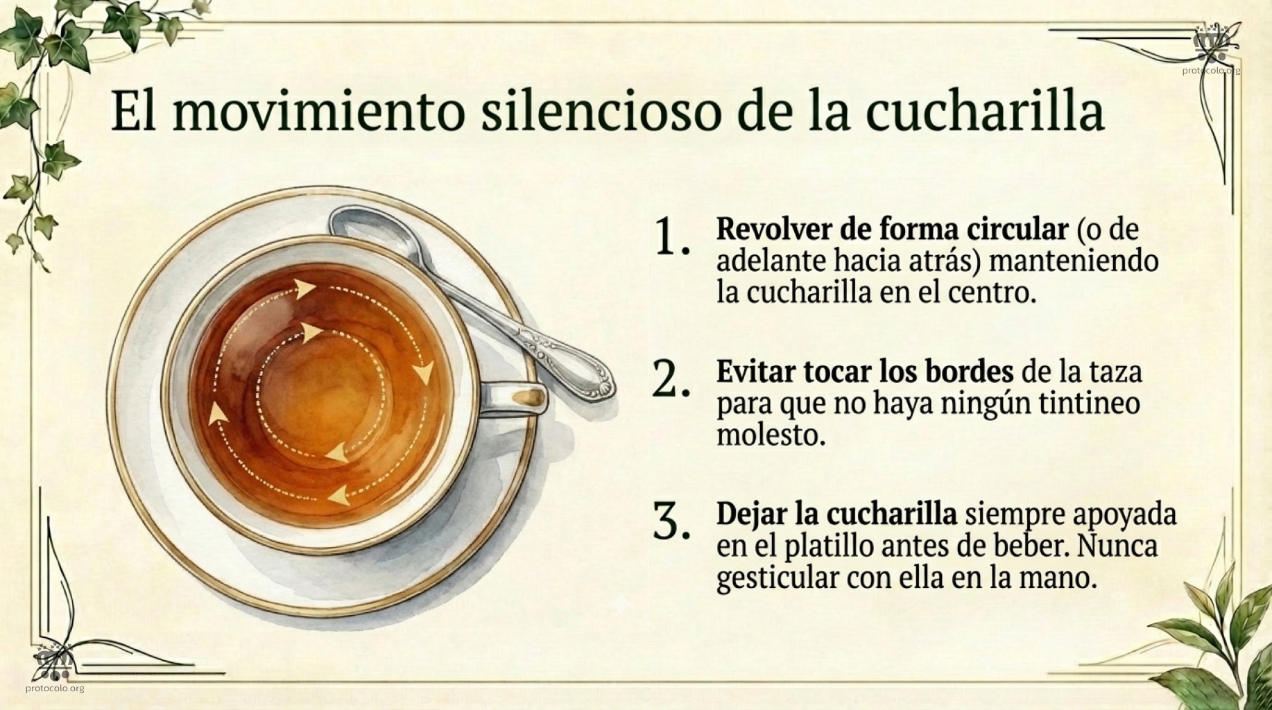El movimiento de la cucharilla en la taza Cómo se revuelve el té en la taza