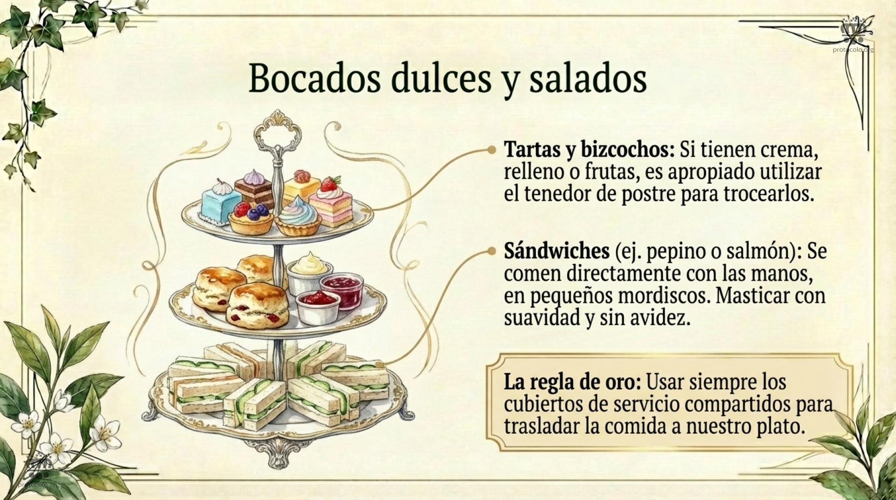 Bocados dulces y salados En qué orden se colocan los alimentos en los tres pisos del complemento que acompaña al té