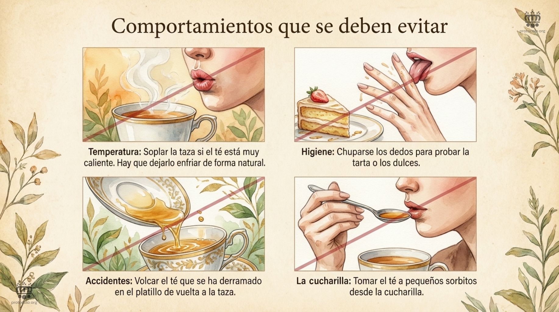 Comportamientos a evitar al tomar el té A la hora de tomar el té hay que evitar ciertos comportamiento poco apropiados