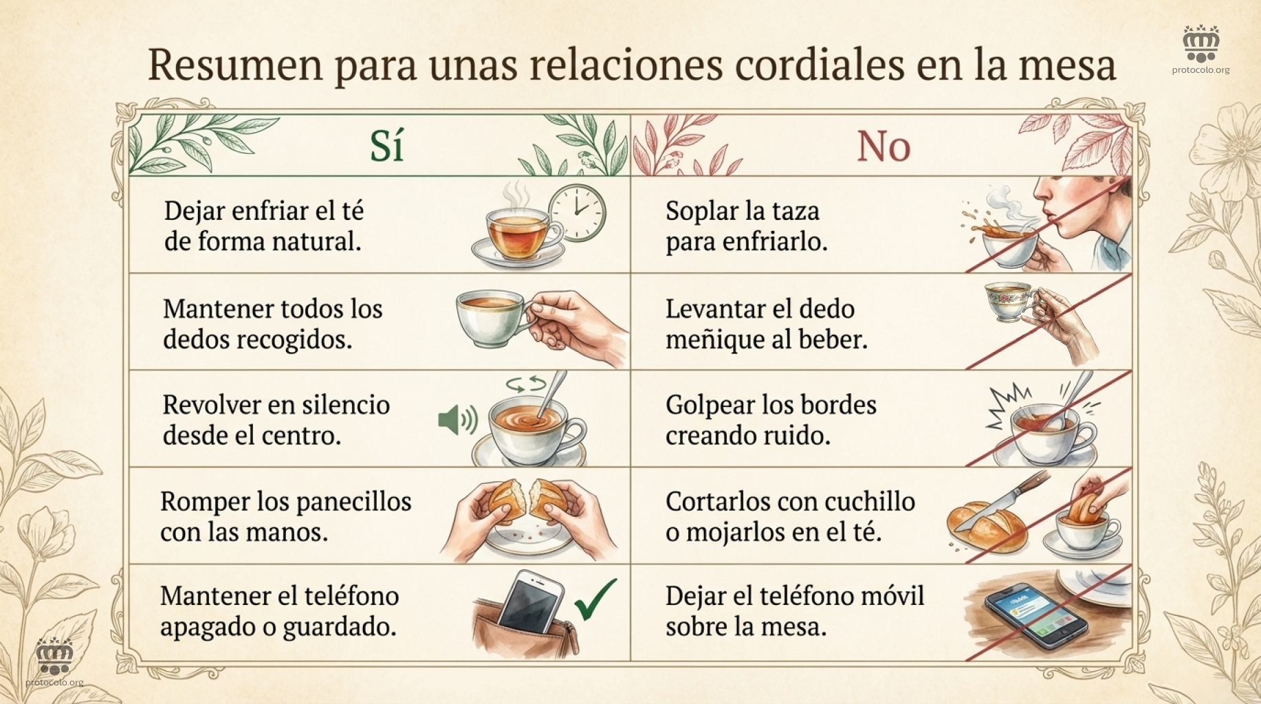 Un resumen de lo que se puede hacer y no hacer al tomar el té Comportamiento correctos e incorrectos a tener en cuenta