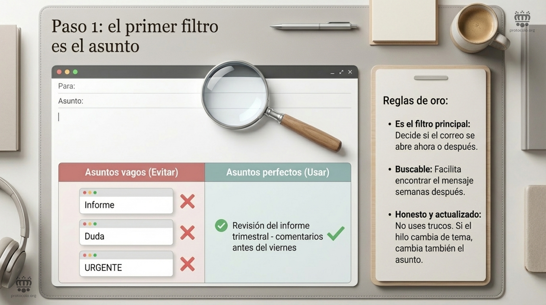El asunto debe ser muy claro para informas de qué va el correo