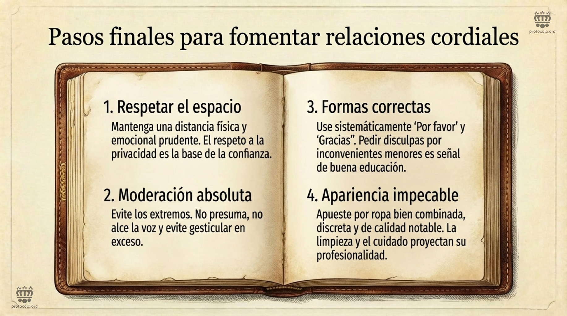 Pasos finales para fomentar relaciones cordiales. Respeto, formas correctas, prudencia, moderación y buena apariencia