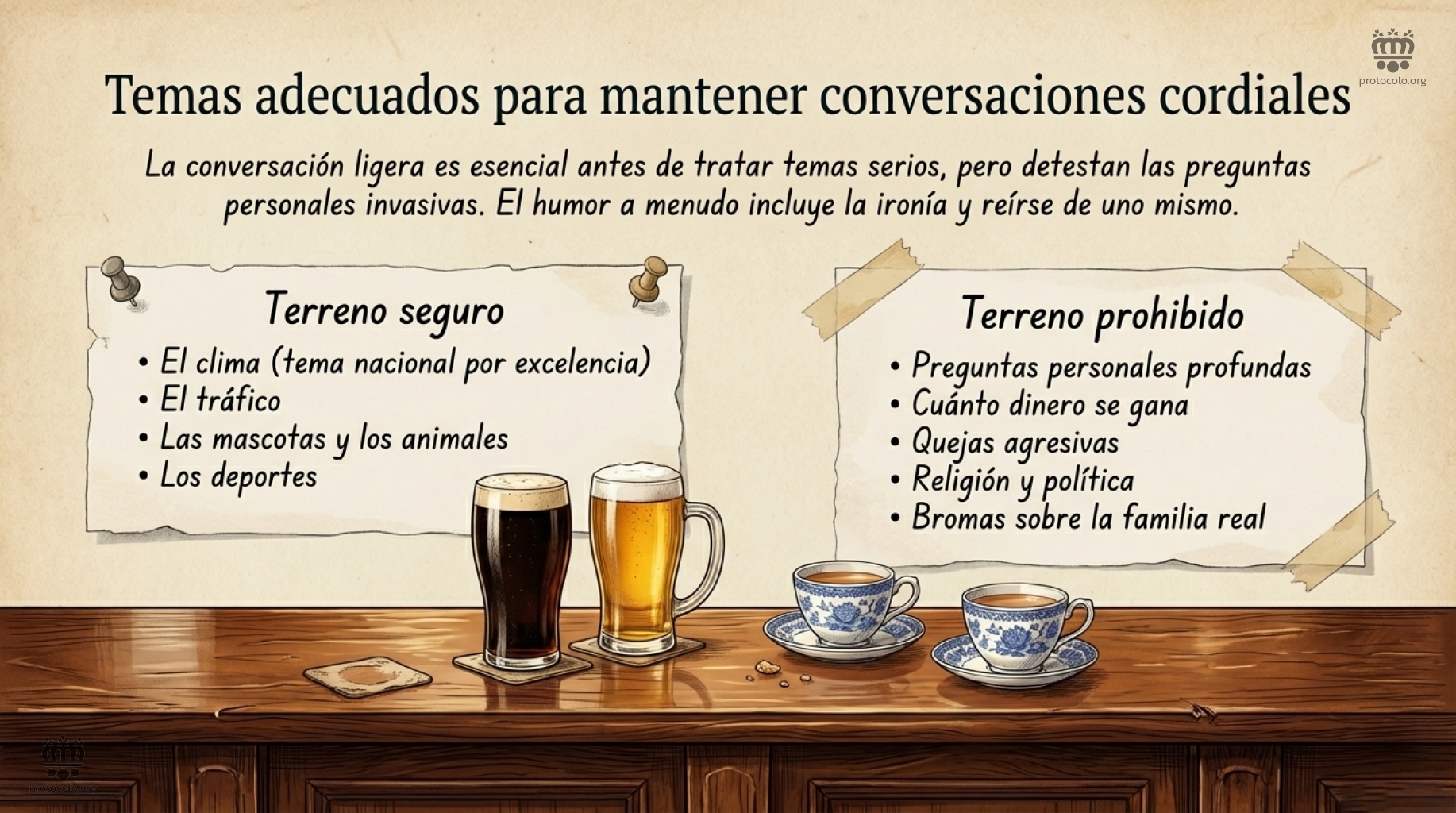 Temas adecuado para mantener conversaciones cordiales. Las conversaciones de pub y similares son estupendas para hacer buenas relaciones