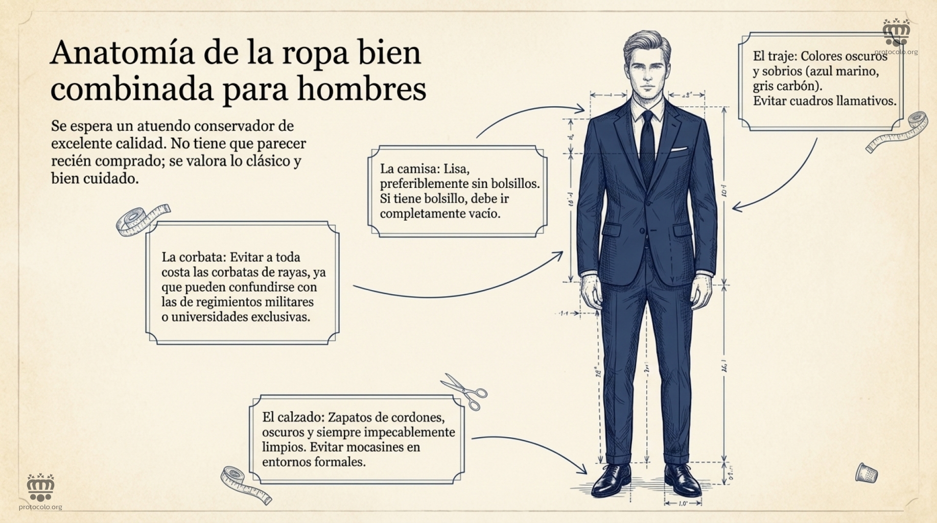 Anatomía de la ropa bien combinada para hombres. Son bastante dados a usar atuendos conservadores en el mundo de los negocios