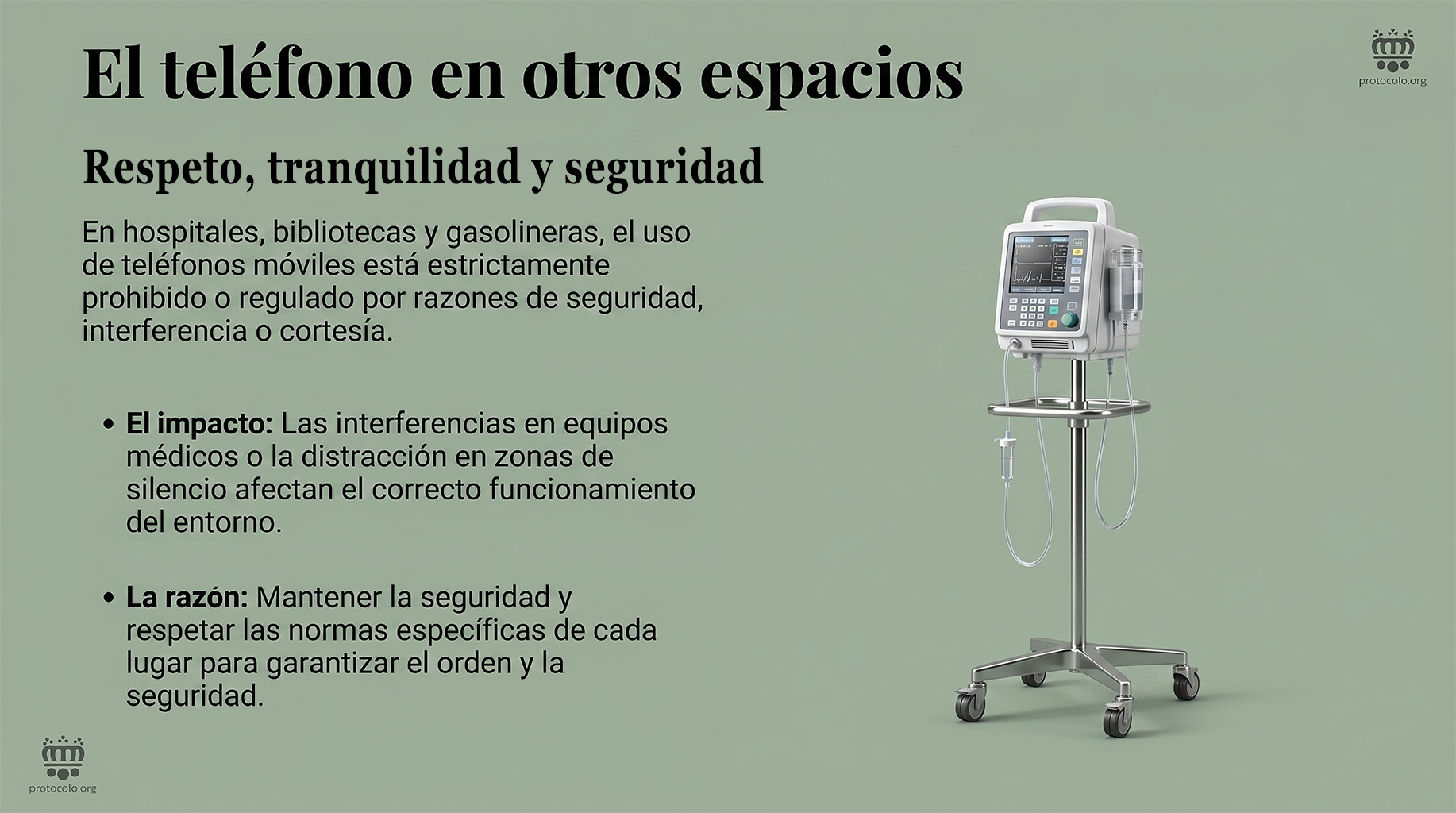 El teléfono en espacios de respeto, tranquilidad y seguridad. El teléfono no solo puede ser una molestia sino un auténtico peligro en algunos espacios