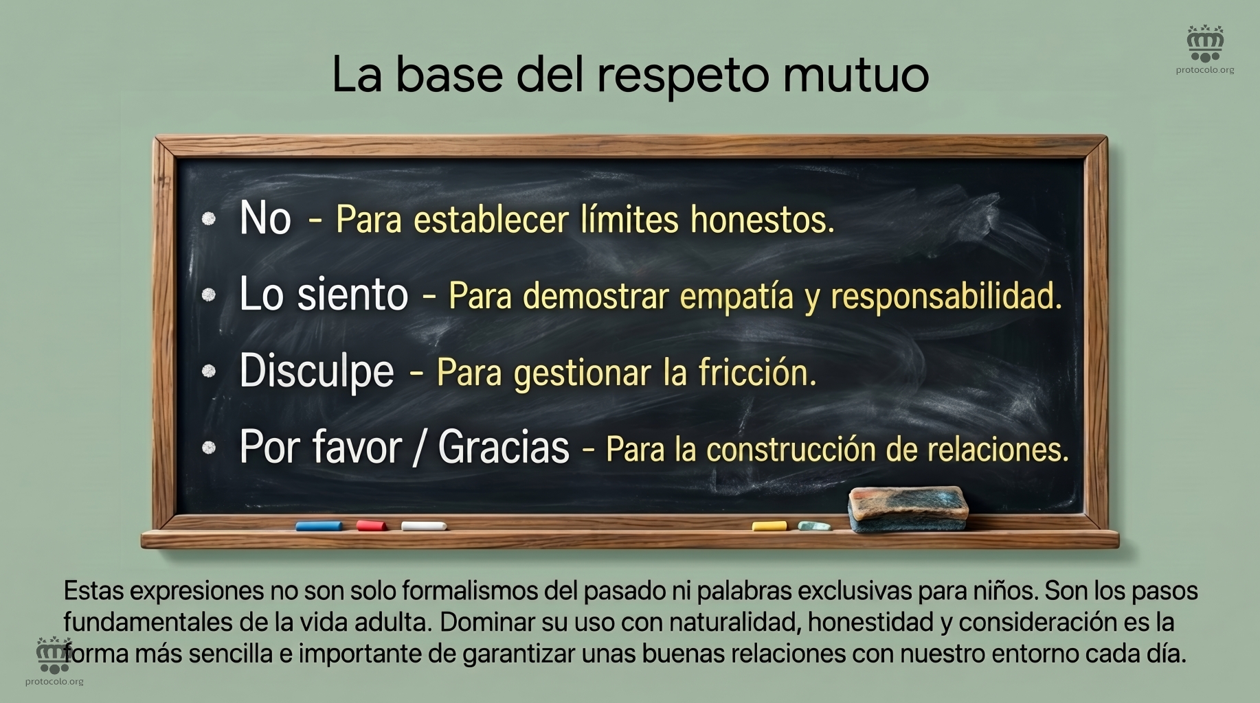 La base del respeto mutuo se puede lograr utilizando palabras como estas. No, lo siento, disculpe, por favor, gracias...