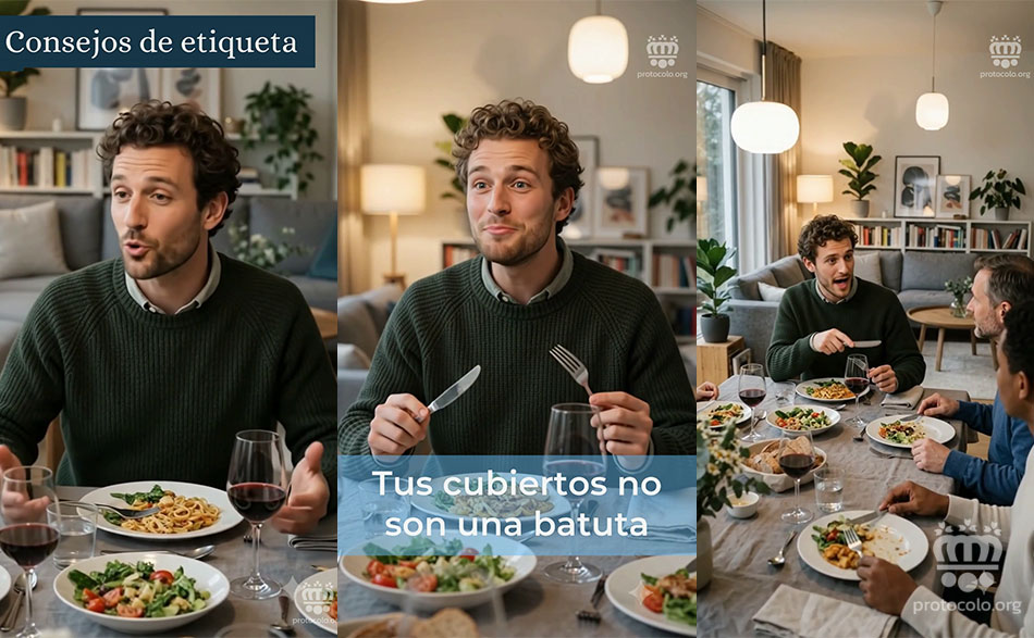Los cubiertos se dejan en el plato cuando vamos a hablar y gesticular. Gesticular con los cubiertos es poco apropiado e incluso puede ser peligroso