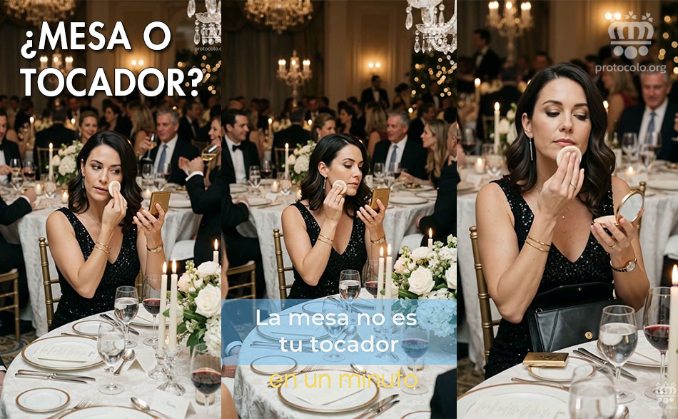 Le mesa no es el sitio ideal para retocarse el maquillaje o cualquier otra acción de este tipo. Ni aunque sea solo un pequeño retoque se debe hacer en la mesa delante de todos los demás comensales