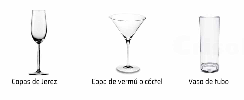 Copa de Jerez, copa de vermú, vermouth o coctel y vaso de tubo